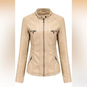 🍀🍀 Women’s Apricot Faux Leather Moto Jacket Ruched Sleeve Zip Up